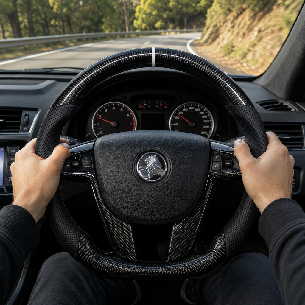 FOR Holden VE/Pontiac G8 Steering Wheel - Black Carbon Fiber & Black Perforated Leather - CJ Mod Garage & Driving Scene Images
