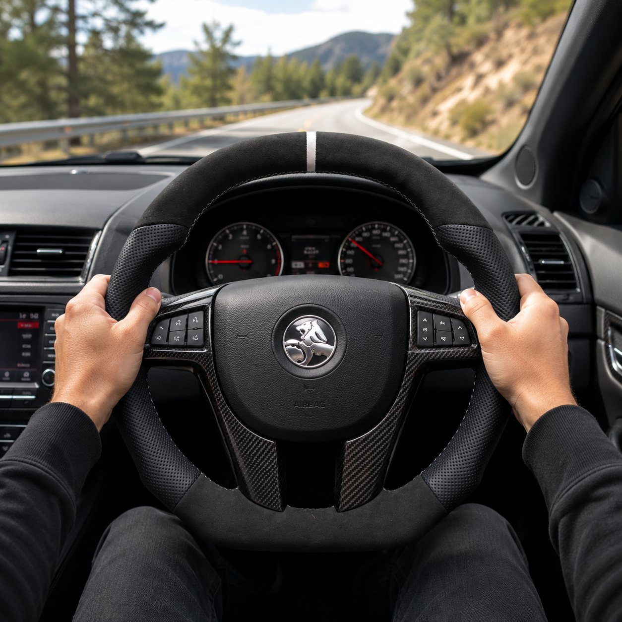 FOR Holden Commodore VE/Pontiac G8 Steering Wheel - Black Alcantara & Black Perforated Leather & White Stripe at 12 o'clock - CJ Mod Garage & Driving Scene Images