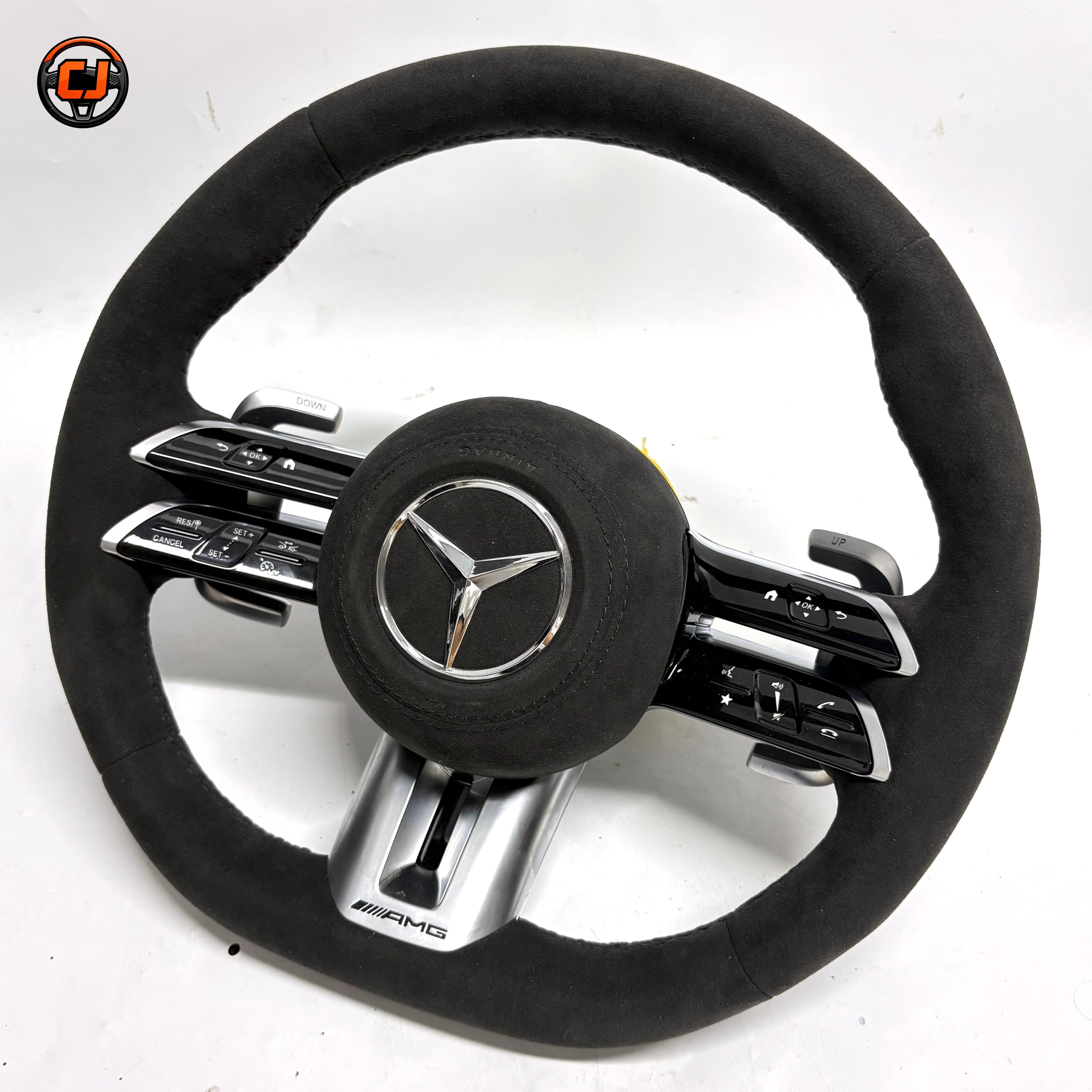 Mercedes AMG CLA W117 A-Class W176 2013-2019 Alcantara Dragonfly steering wheel angled view by CJ Mod Garage