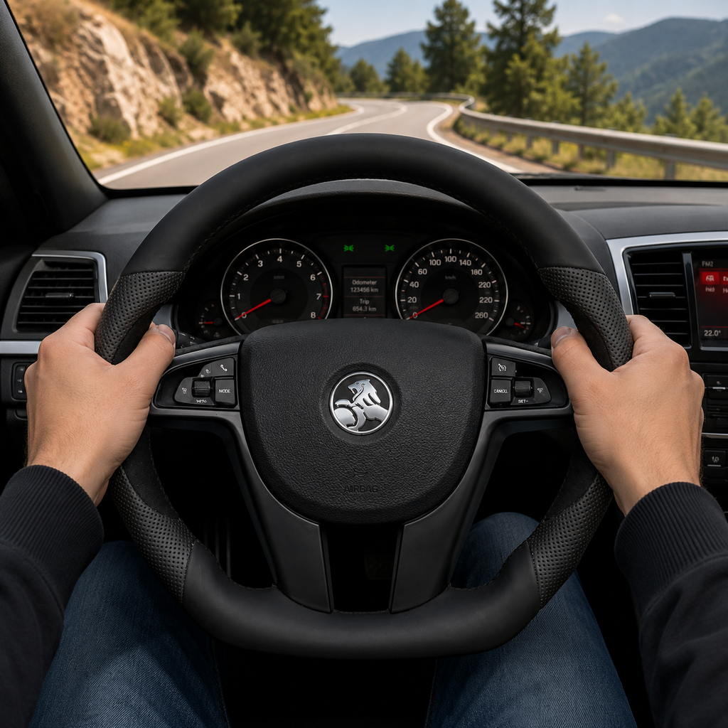 FOR Holden Commodore VE/Pontiac G8 Steering Wheel - Black Smooth Leather & Black Alcantara - CJ Mod Garage & Driving Scene Images