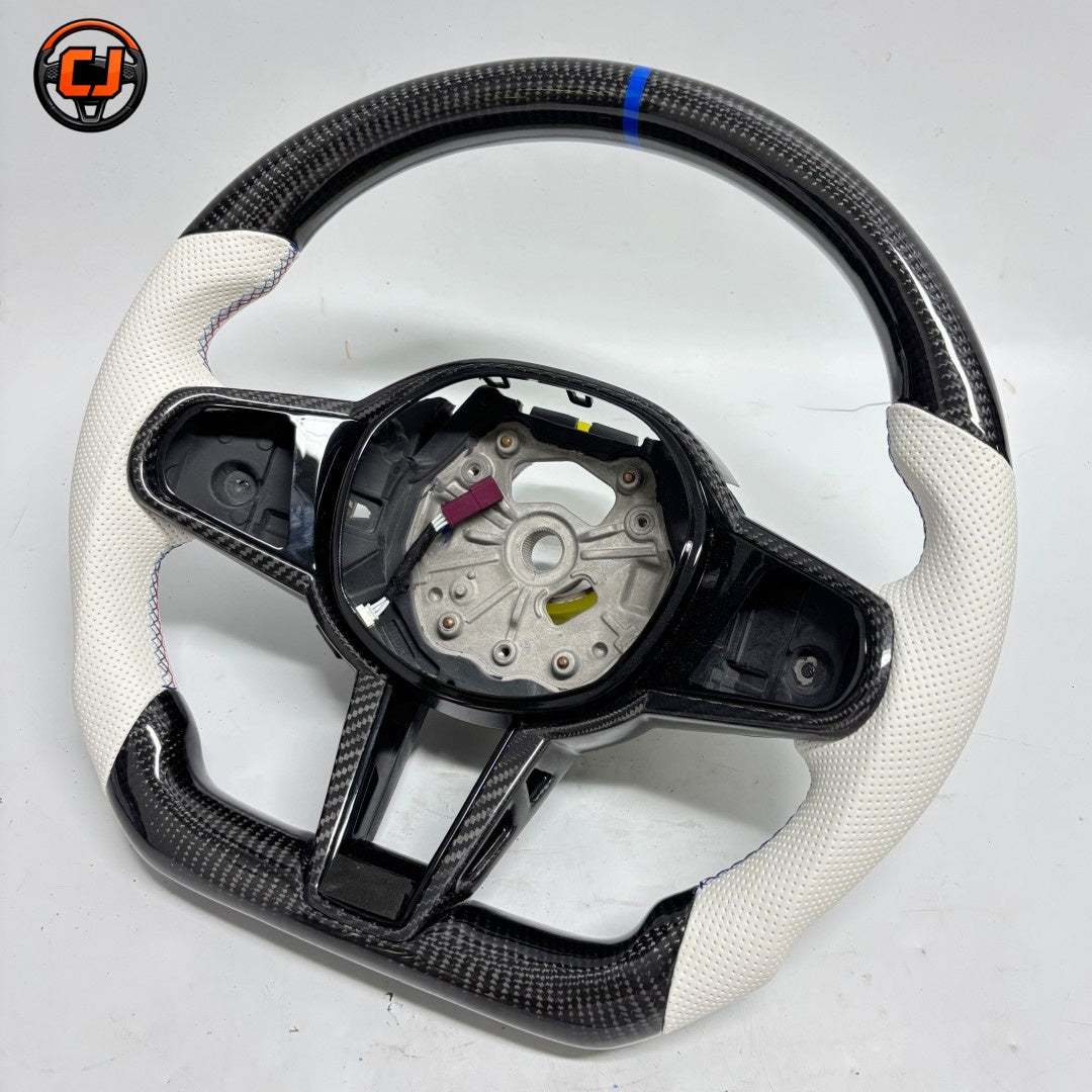 BMW G/F Series 2016-2025 carbon fiber steering wheel with white perforated leather grips by CJ Mod Garage