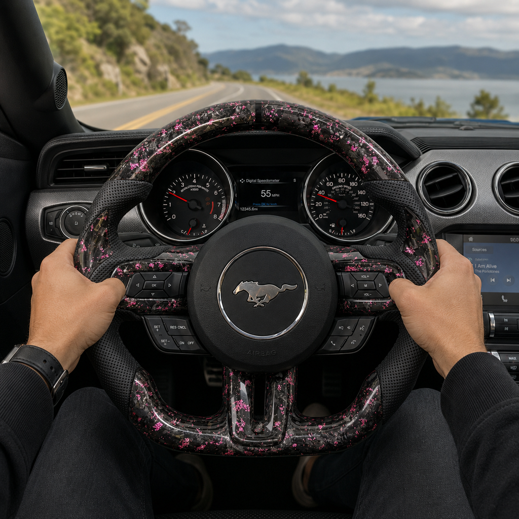 FOR Ford Mustang S550/GT 2015-2023 Carbon Fiber Steering Wheel - Pink Forged Carbon Fiber & Black Perforated Leather - CJ Mod Garage & Driving Scene Images
