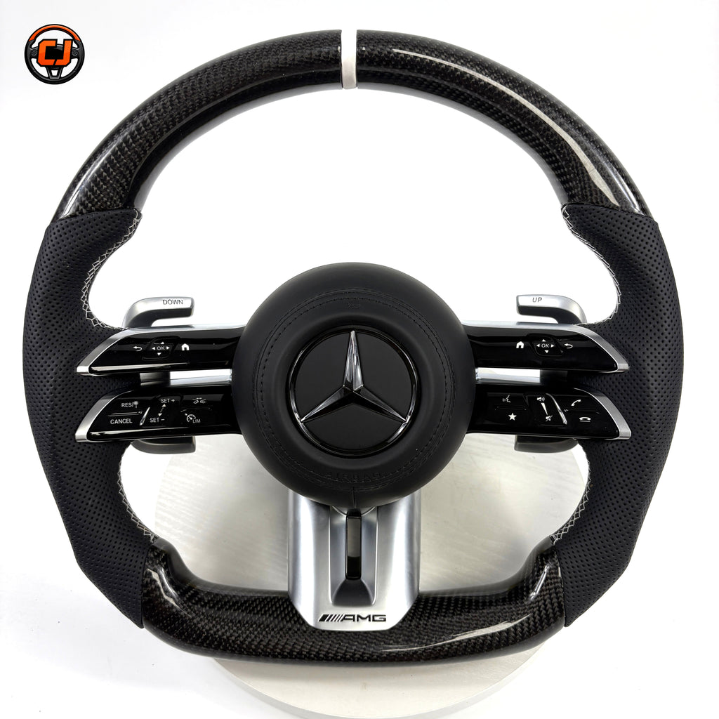 Mercedes AMG W205 C-Class 2015-2021 carbon fiber Dragonfly steering wheel with perforated leather by CJ Mod Garage