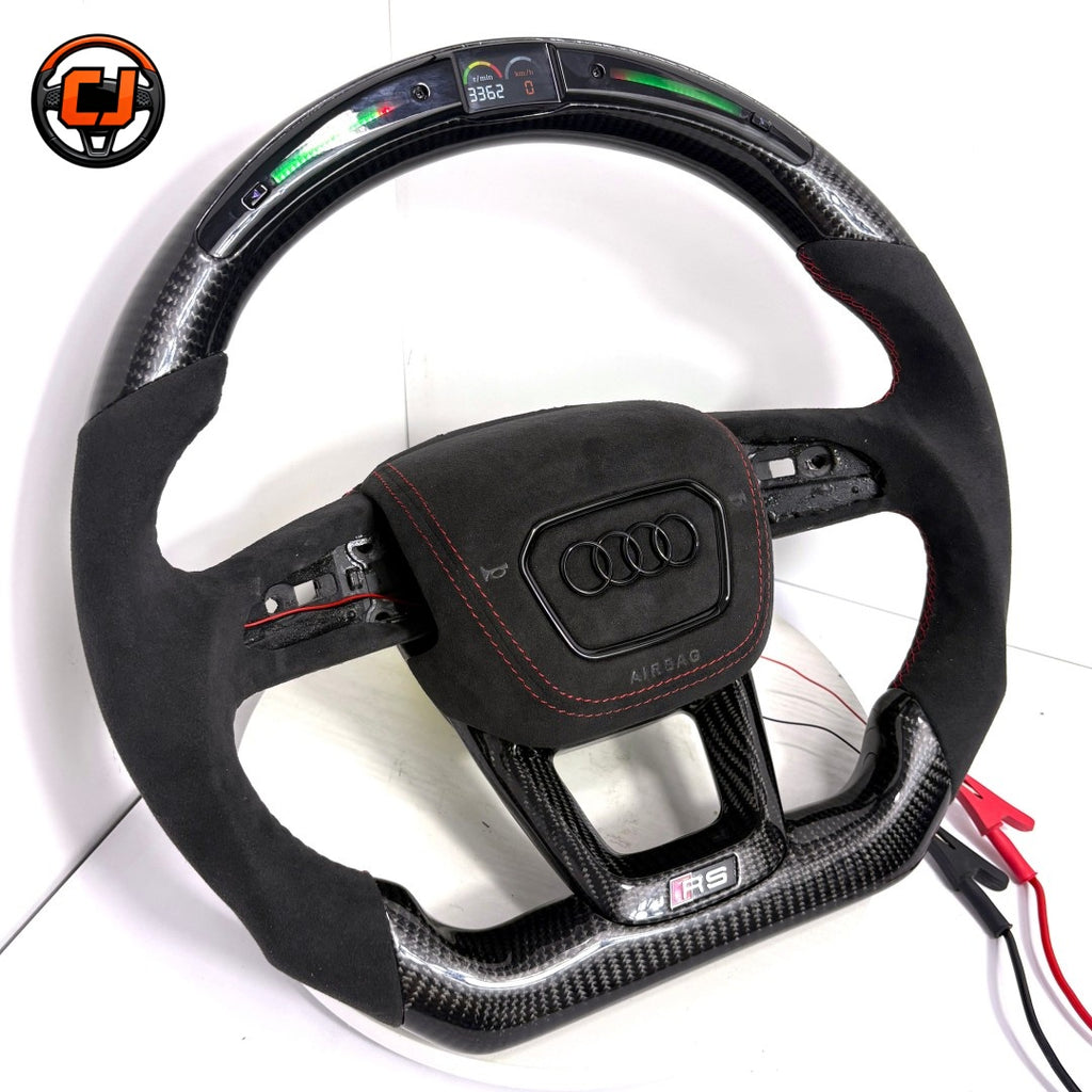 Audi custom LED carbon fiber flat bottom steering wheel with black Alcantara red stitching fits A3 A4 A6 A7 Q3 Q5 Q7 Q8 C8 models