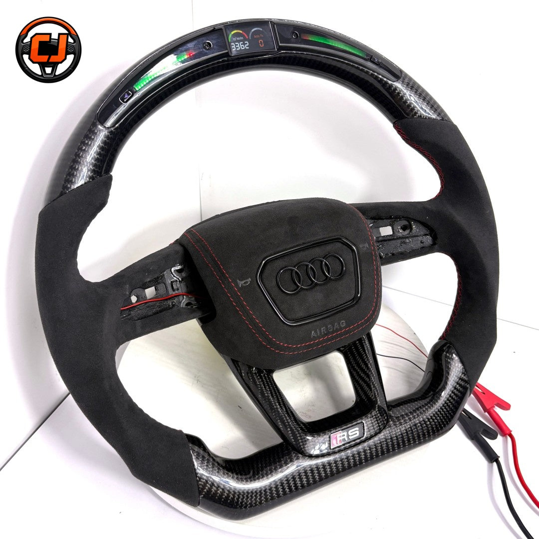 Audi custom LED carbon fiber flat bottom steering wheel with black Alcantara red stitching fits A3 A4 A6 A7 Q3 Q5 Q7 Q8 C8 models