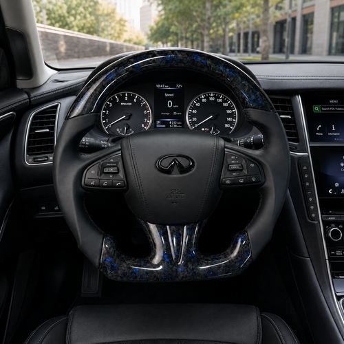 Infiniti Q50 custom blue forged carbon fiber steering wheel installed in luxury cockpit with smooth leather grips and OEM controls by CJ Mod Garage