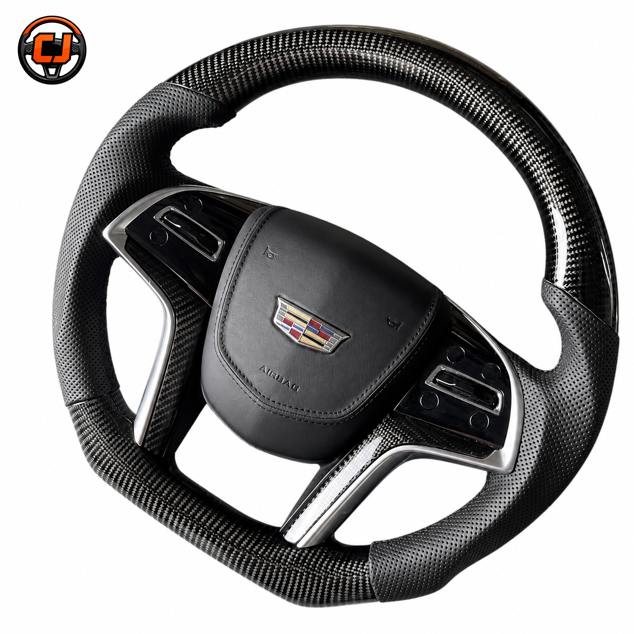 Cadillac XTS carbon fiber steering wheel with perforated leather grips and black airbag cover by CJ Mod Garage