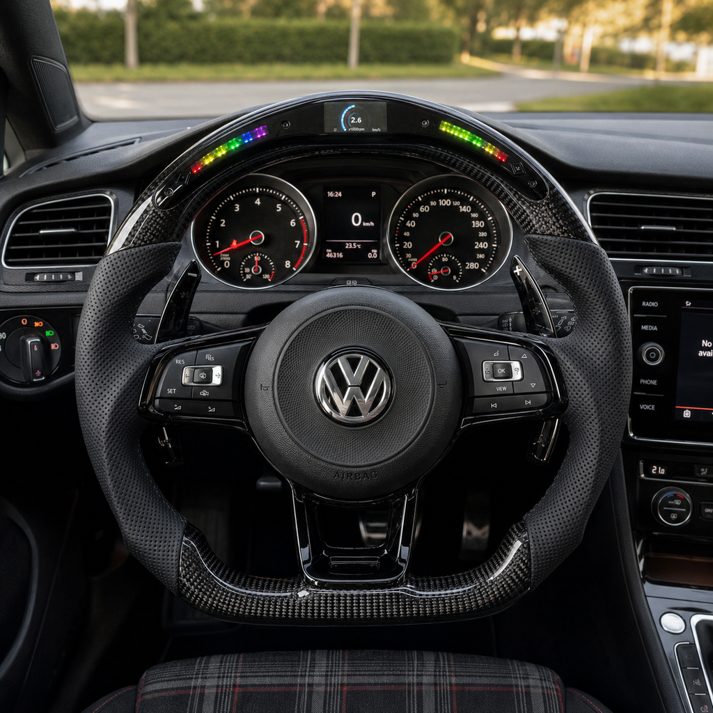 VW Golf GTI Mk7 Mk7 5 2013 to 2020 LED carbon fiber flat bottom steering wheel cockpit view CJ Mod Garage