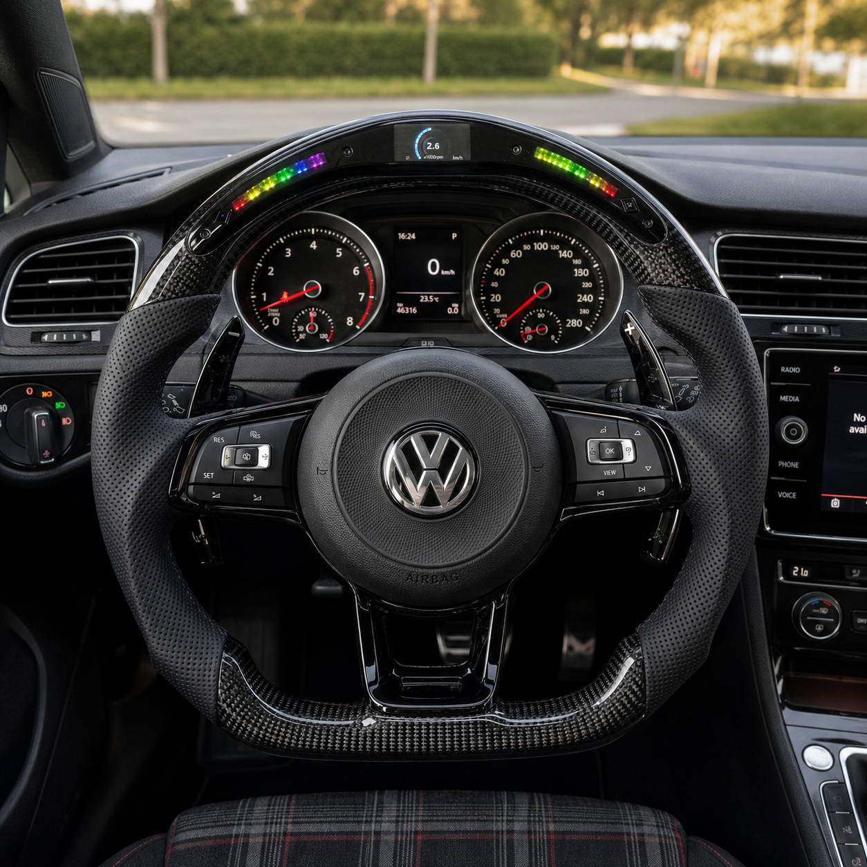 VW Golf GTI Mk7 Mk7 5 2013 to 2020 LED carbon fiber flat bottom steering wheel cockpit view CJ Mod Garage