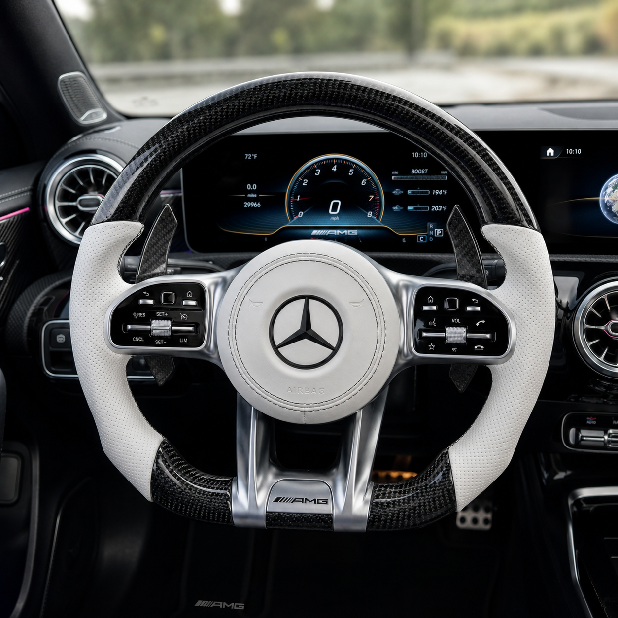 Mercedes AMG white leather carbon fiber steering wheel installed in W205 C63 C43 interior for W176 W177 W204 W213 C200 C300 by CJ Mod Garage