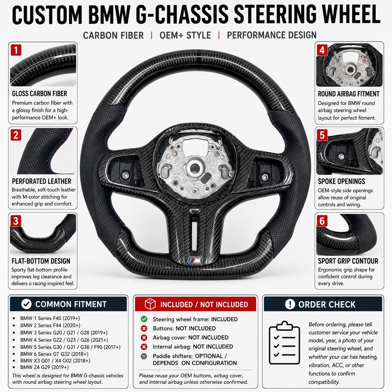 Custom BMW G-chassis steering wheel frame in gloss carbon fiber with perforated leather grips, flat-bottom OEM+ performance design, round airbag fitment, and sport grip contour compatible with BMW G02 G05 G06 G09 G11 G12 G15 G20 G22 G28 G29 G30 G38 G80 G82 F40 F90