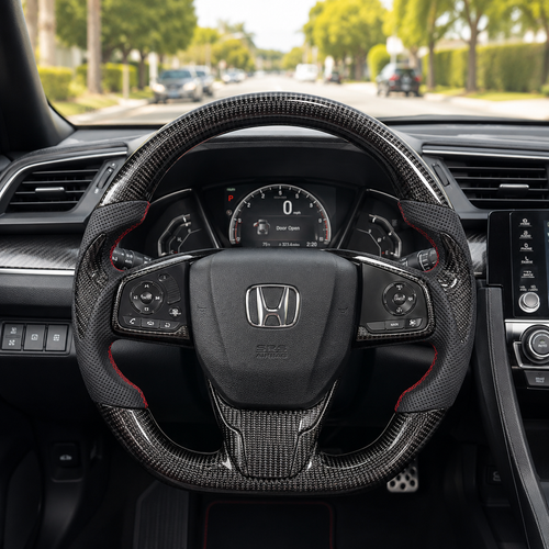 Honda Civic 10th Gen custom carbon fiber steering wheel with perforated leather grips and red stitching installed interior view by CJ Mod Garage