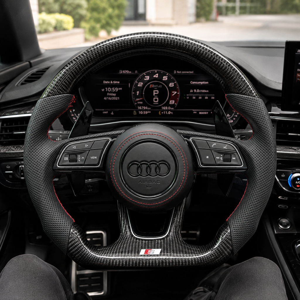 Carbon Fiber Audi Steering Wheel for A1 A3 A4 A5 A6 A7 C6 C7 S3 S4 S5 S7 Q3 Q5 Q7 SQ5 RS RS3 RS5 RS6 B8 B9 8P 8V R8 TT -CJ Mod Garage 9