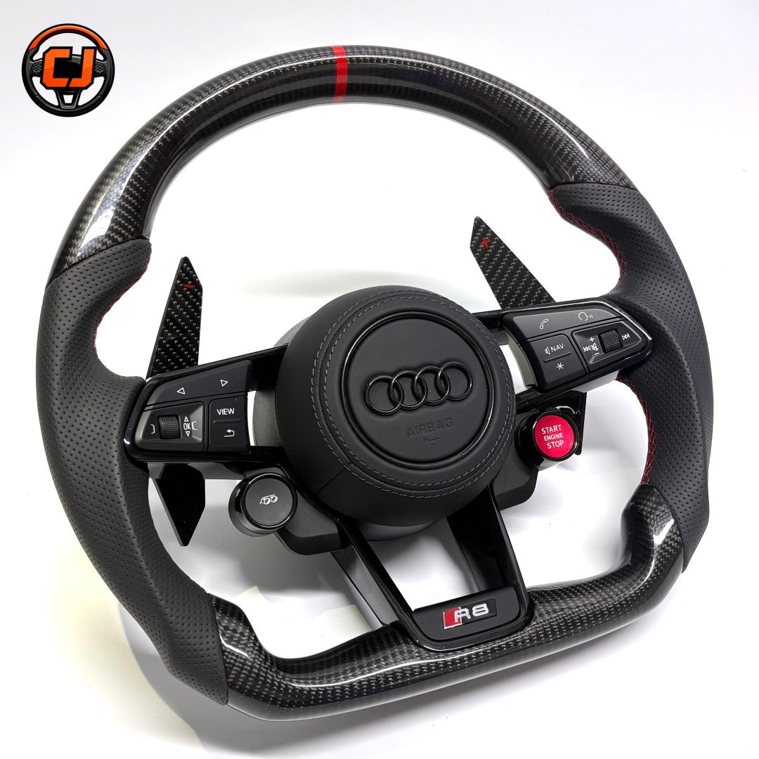 Audi R8 style custom carbon fiber steering wheel with perforated leather red center stripe multifunction buttons paddle shifters and round airbag cover compatible with Audi A1 A3 A4 A5 A6 A7 C6 C7 S3 S4 S5 S7 Q3 Q5 Q7 SQ5 RS RS3 RS5 RS6 B8 B9 8P 8V R8 TT