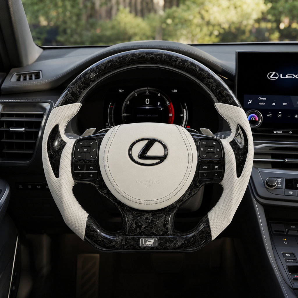 Custom Lexus Carbon Steering Wheel Installed In F Sport Interior Featuring White Leather Grips And Forged Carbon Finish For Lexus IS 2014 2020 RC 2015 2020 GS 2013 2020 NX 2015 2021 CJ Mod Garage