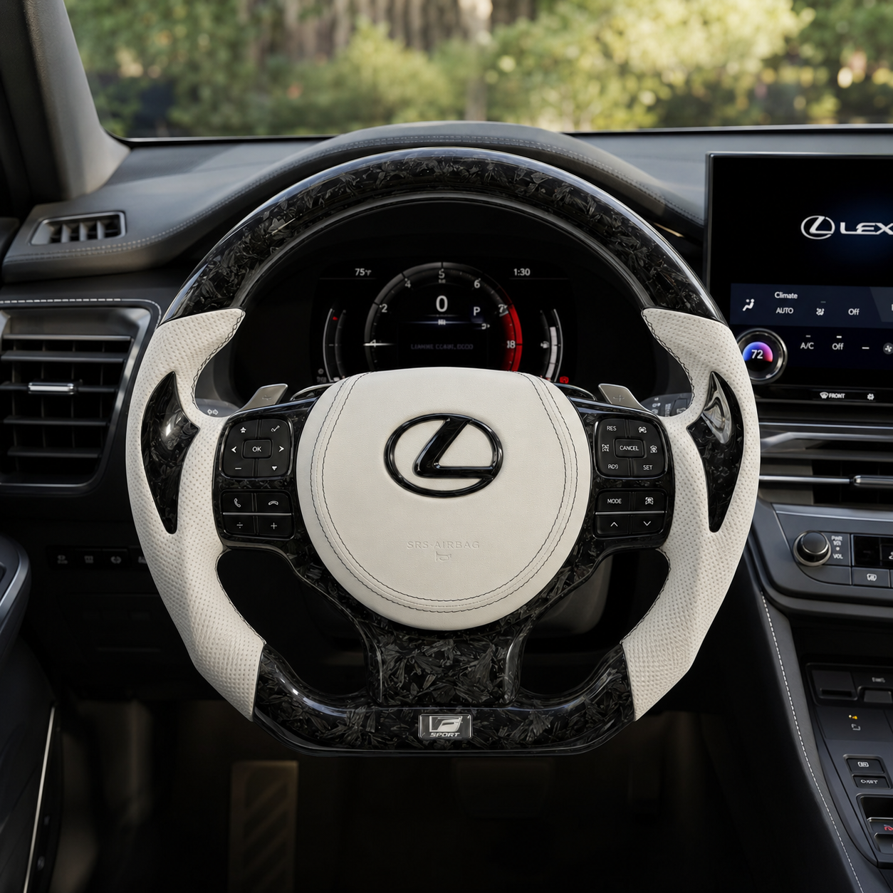 Custom Lexus Carbon Steering Wheel Installed In F Sport Interior Featuring White Leather Grips And Forged Carbon Finish For Lexus IS 2014 2020 RC 2015 2020 GS 2013 2020 NX 2015 2021 CJ Mod Garage