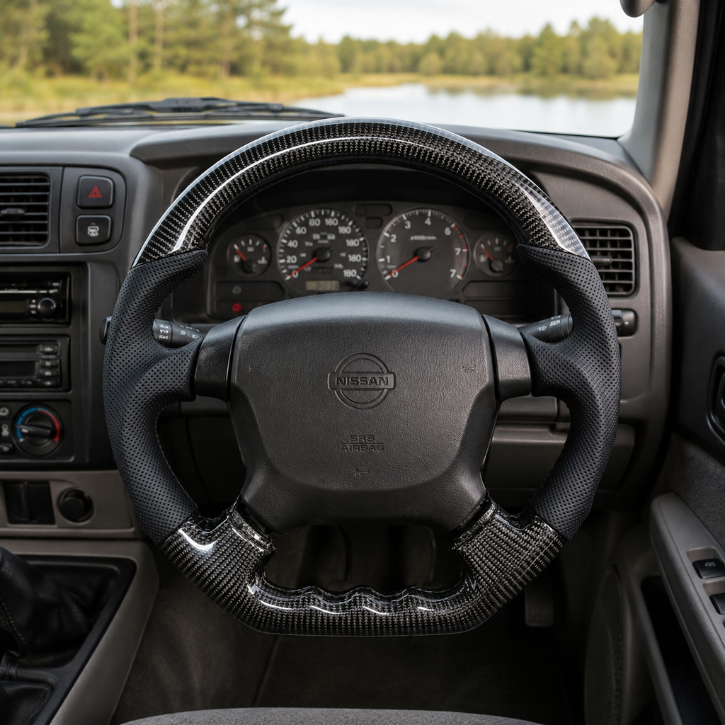 Nissan Patrol Y61 Safari carbon fiber custom steering wheel with perforated leather grips by CJ Mod Garage