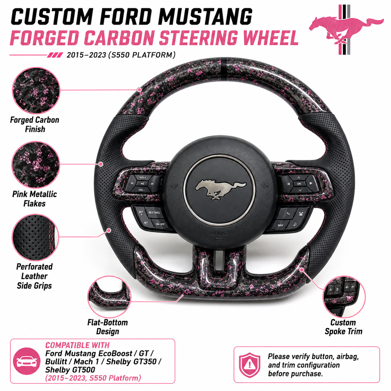 FOR Ford Mustang S550/GT 2015-2023 Carbon Fiber Steering Wheel - Pink Forged Carbon Fiber & Black Perforated Leather - CJ Mod Garage & Product Details Image