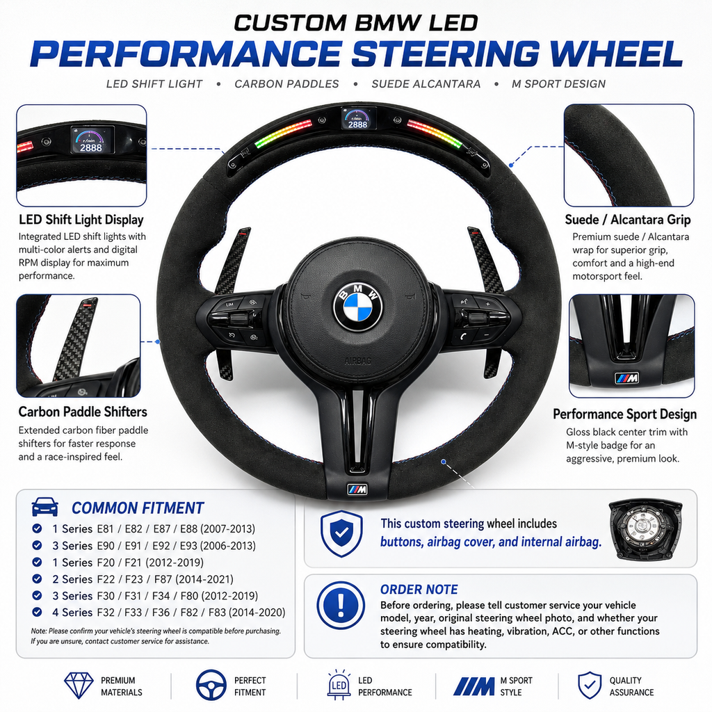 Custom BMW E90 E92 E93 F Series LED steering wheel with Alcantara grip, carbon paddle shifters, and M sport design