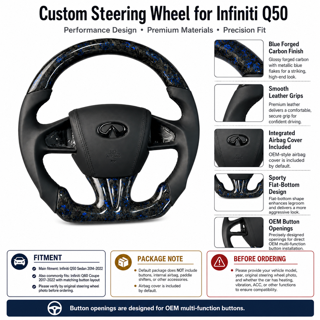 Infiniti Q50 performance steering wheel with blue forged carbon fiber finish smooth leather grips airbag cover and flat bottom profile by CJ Mod Garage