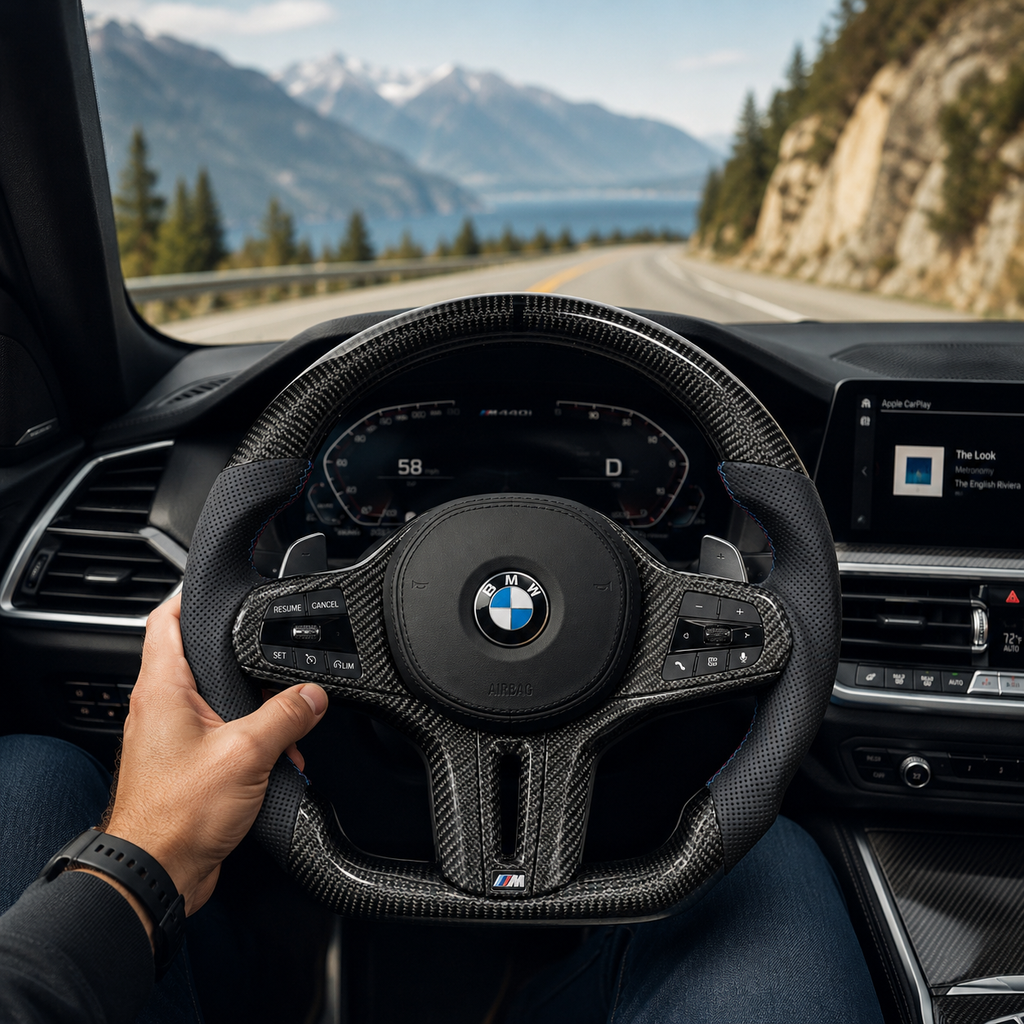 BMW G-chassis custom carbon fiber steering wheel with perforated leather side grips and flat-bottom OEM+ design installed in luxury BMW interior driving scene compatible with BMW G02 G05 G06 G09 G11 G12 G15 G20 G22 G28 G29 G30 G38 G80 G82 F40 F90
