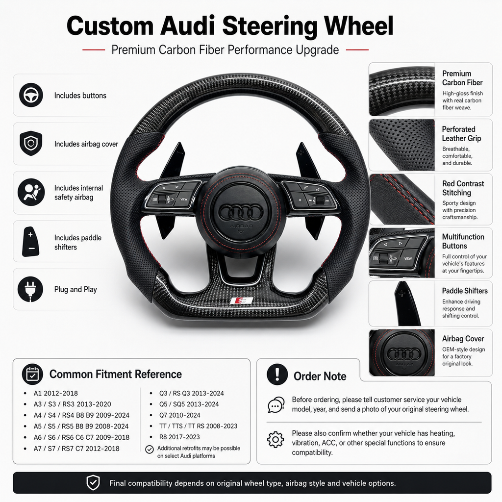 Carbon Fiber Audi Steering Wheel for A1 A3 A4 A5 A6 A7 C6 C7 S3 S4 S5 S7 Q3 Q5 Q7 SQ5 RS RS3 RS5 RS6 B8 B9 8P 8V R8 TT -CJ Mod Garage 8