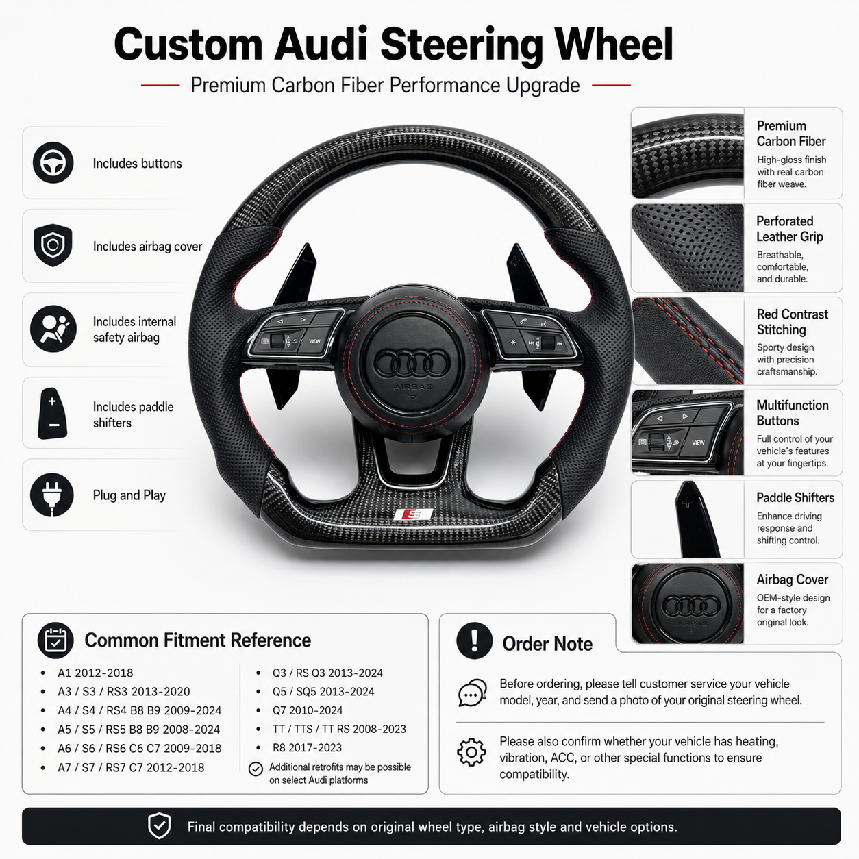Carbon Fiber Audi Steering Wheel for A1 A3 A4 A5 A6 A7 C6 C7 S3 S4 S5 S7 Q3 Q5 Q7 SQ5 RS RS3 RS5 RS6 B8 B9 8P 8V R8 TT -CJ Mod Garage 8