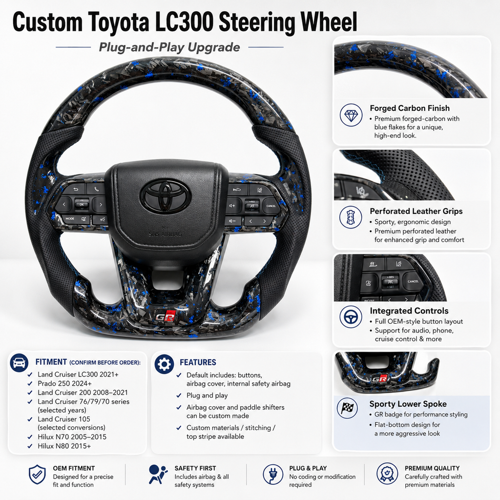 Toyota Land Cruiser LC300 GR steering wheel crafted from blue forged carbon material with ergonomic perforated leather grips and OEM style controls by CJ Mod Garage