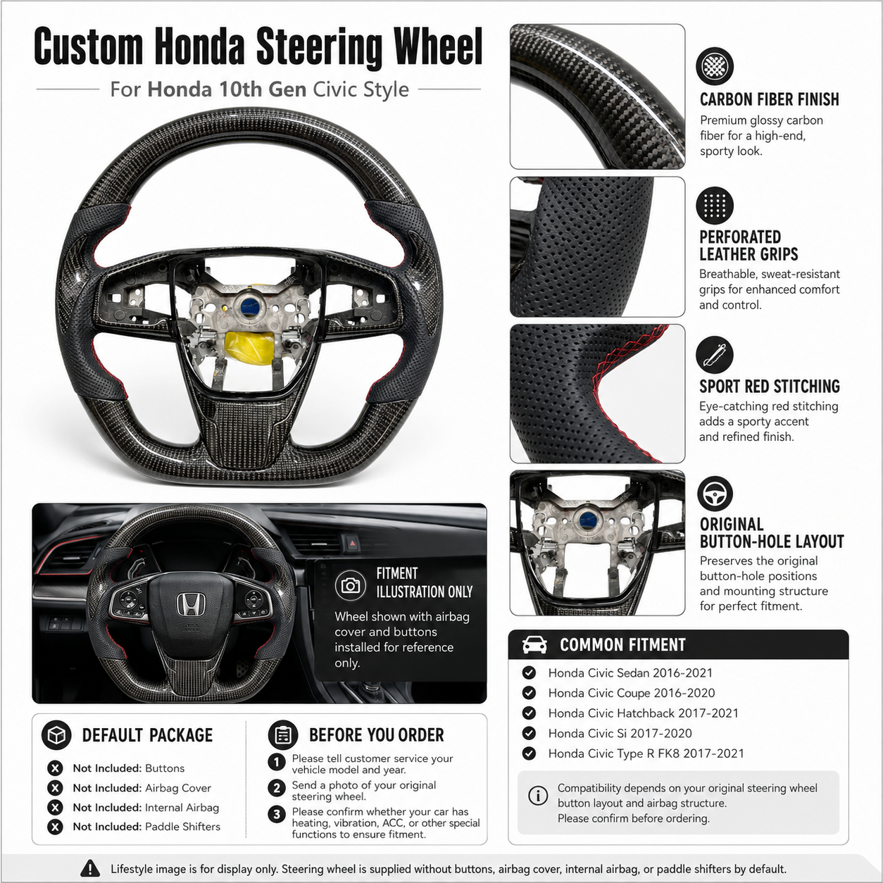 Custom Honda Civic FK7 FK8 carbon fiber steering wheel featuring perforated leather side grips and OEM button layout by CJ Mod Garage