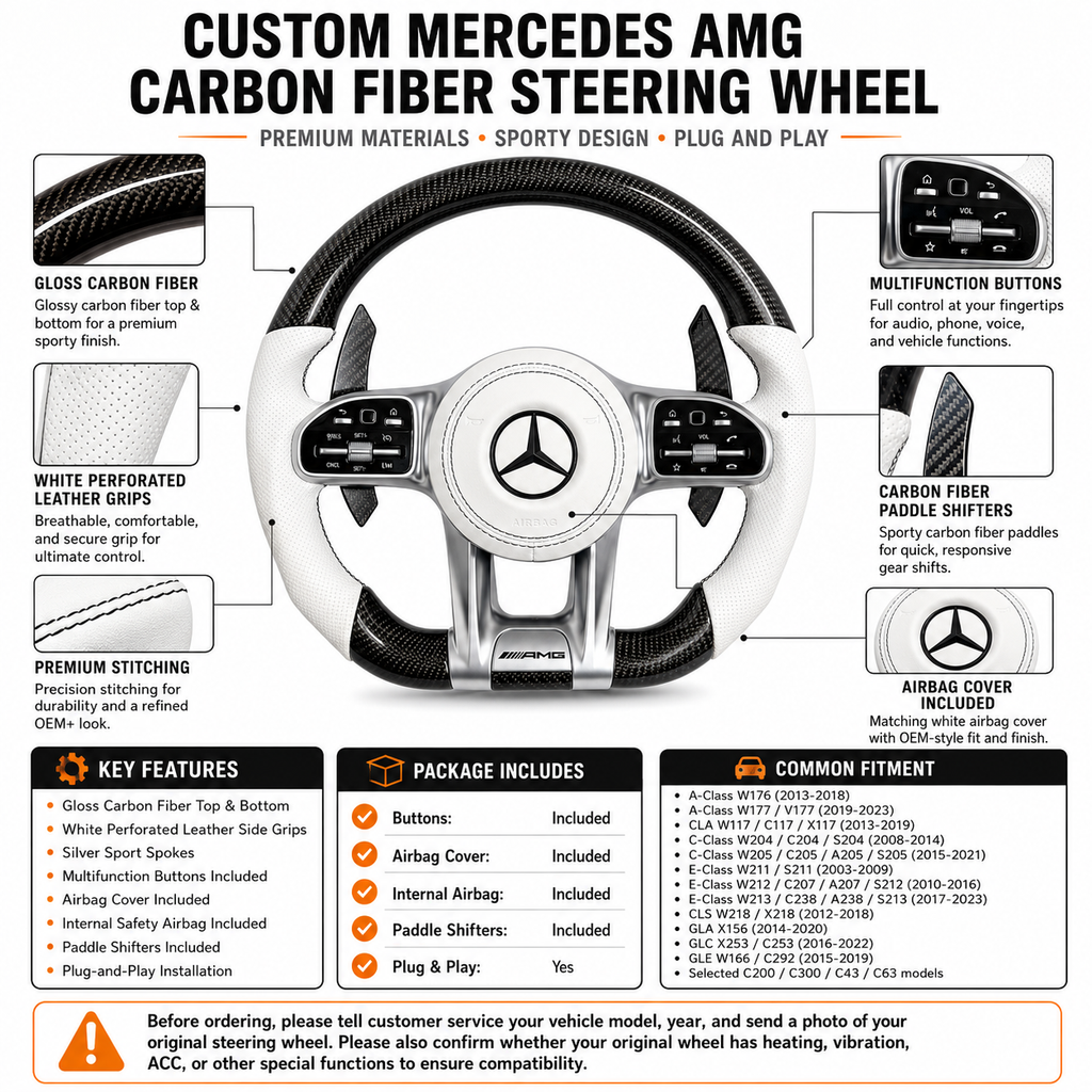 Custom Mercedes AMG steering wheel with white perforated leather glossy carbon fiber and paddle shifters for W117 W205 W211 W212 W218 by CJ Mod Garage