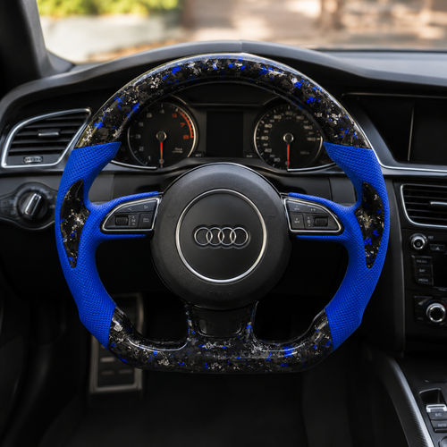 Audi B8 forged carbon blue steering wheel installed in Audi A5 interior - driver perspective