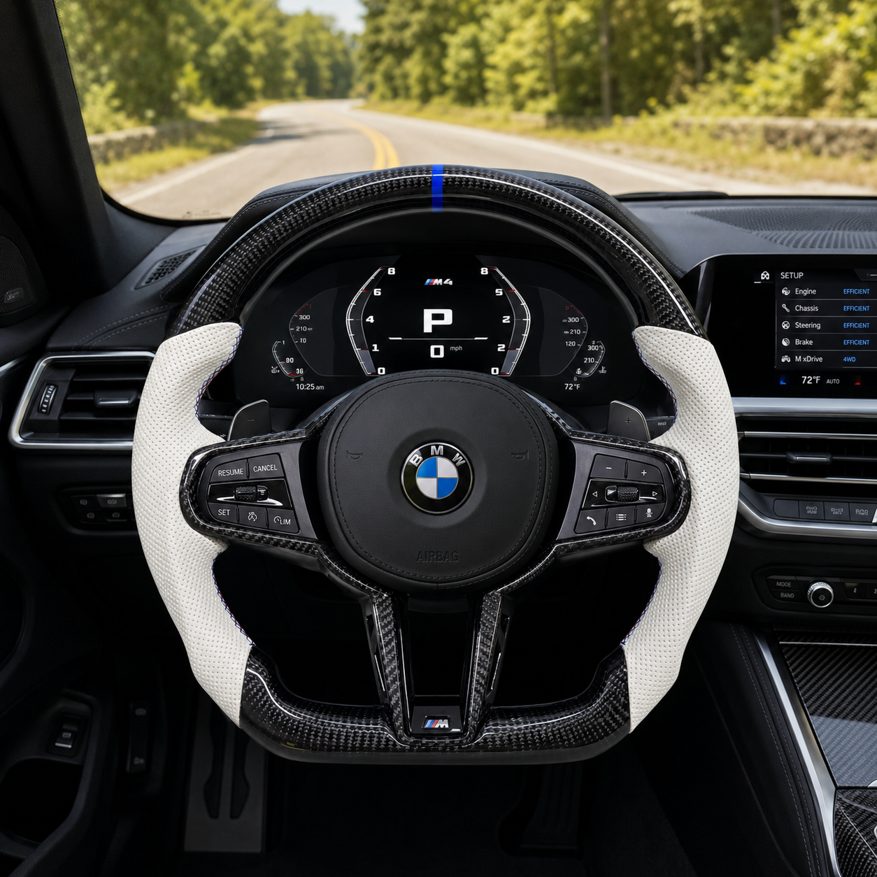 BMW M4 G82 2021-2025 carbon fiber steering wheel with white perforated leather cockpit view by CJ Mod Garage