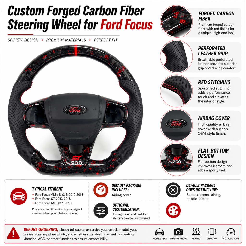 Ford Focus Mk3 ST200 forged carbon fiber steering wheel featuring red flake carbon finish, perforated leather sections, red stitching and flat-bottom sport profile by CJ Mod Garage