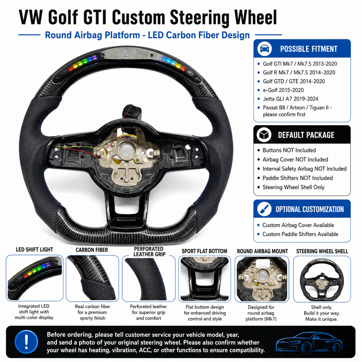 VW Golf GTI Mk7 2013 to 2020 LED carbon fiber steering wheel shell package detail sheet CJ Mod Garage