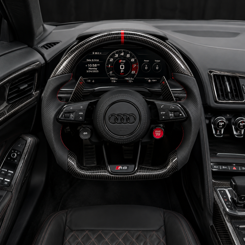 Audi R8 cockpit with custom gloss carbon fiber flat bottom steering wheel perforated leather grips red stitching multifunction controls and paddle shifters compatible with Audi A1 A3 A4 A5 A6 A7 C6 C7 S3 S4 S5 S7 Q3 Q5 Q7 SQ5 RS RS3 RS5 RS6 B8 B9 8P 8V R8 TT