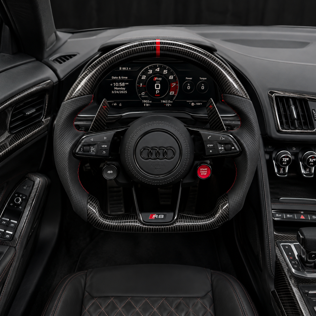 Audi R8 cockpit with custom gloss carbon fiber flat bottom steering wheel perforated leather grips red stitching multifunction controls and paddle shifters compatible with Audi A1 A3 A4 A5 A6 A7 C6 C7 S3 S4 S5 S7 Q3 Q5 Q7 SQ5 RS RS3 RS5 RS6 B8 B9 8P 8V R8 TT