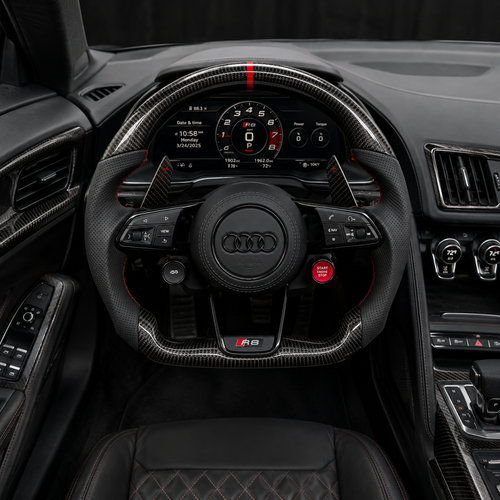 Audi R8 cockpit with custom gloss carbon fiber flat bottom steering wheel perforated leather grips red stitching multifunction controls and paddle shifters compatible with Audi A1 A3 A4 A5 A6 A7 C6 C7 S3 S4 S5 S7 Q3 Q5 Q7 SQ5 RS RS3 RS5 RS6 B8 B9 8P 8V R8 TT