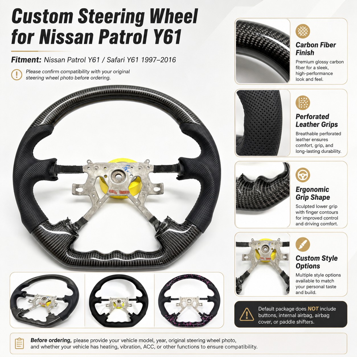 Nissan Patrol Y61 Safari carbon fiber and perforated leather replacement steering wheel by CJ Mod Garage