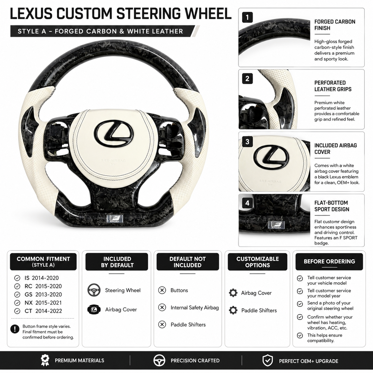 Lexus Custom Steering Wheel With Forged Carbon Construction White Perforated Leather Flat Bottom Design For Lexus IS 2014 2020 RC 2015 2020 GS 2013 2020 NX 2015 2021 CT 2014 2022 CJ Mod Garage