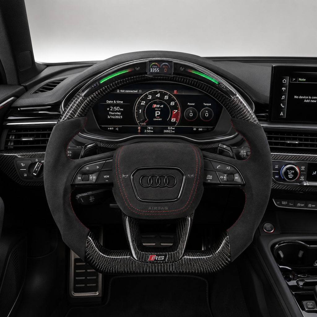 Installed Audi LED display steering wheel with gloss carbon fiber Alcantara grips and red stitching fits A3 8Y A4 B9 A6 C8 A7 C8 Q3 Q5 Q7 Q8