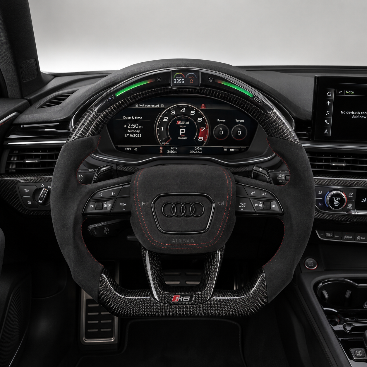 Installed Audi LED display steering wheel with gloss carbon fiber Alcantara grips and red stitching fits A3 8Y A4 B9 A6 C8 A7 C8 Q3 Q5 Q7 Q8