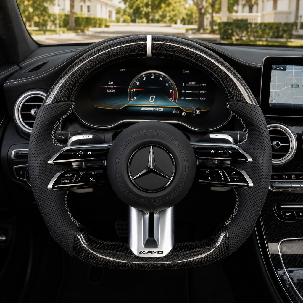 Mercedes W213 E-Class 2016-2023 carbon fiber Dragonfly steering wheel installed in AMG cabin by CJ Mod Garage