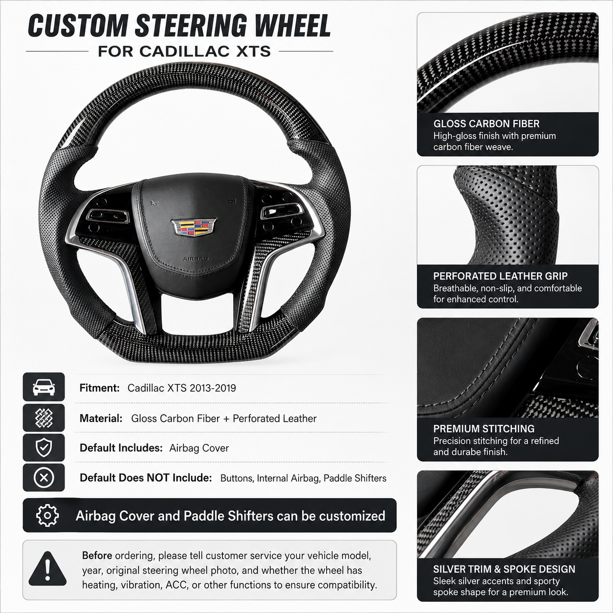 Cadillac XTS carbon fiber steering wheel detail sheet showing gloss weave perforated leather and silver trim by CJ Mod Garage