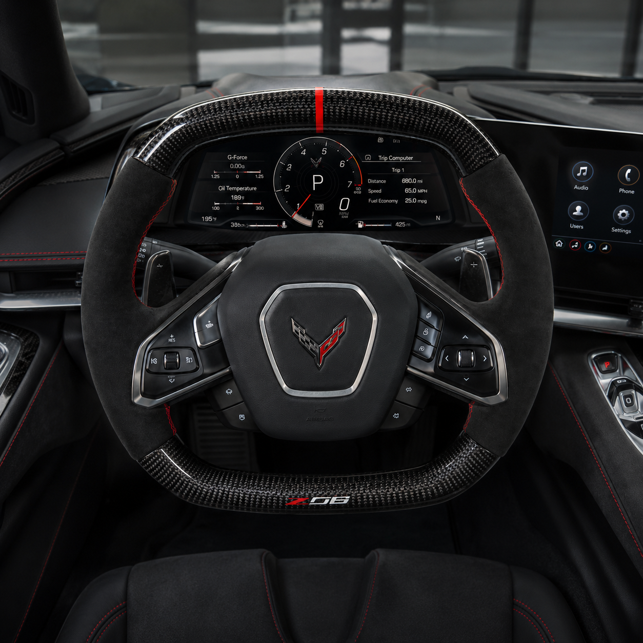 Chevrolet Corvette C8 Z06 style custom steering wheel cockpit front view with gloss carbon fiber flat top flat bottom design black suede grips red stitching and digital dashboard
