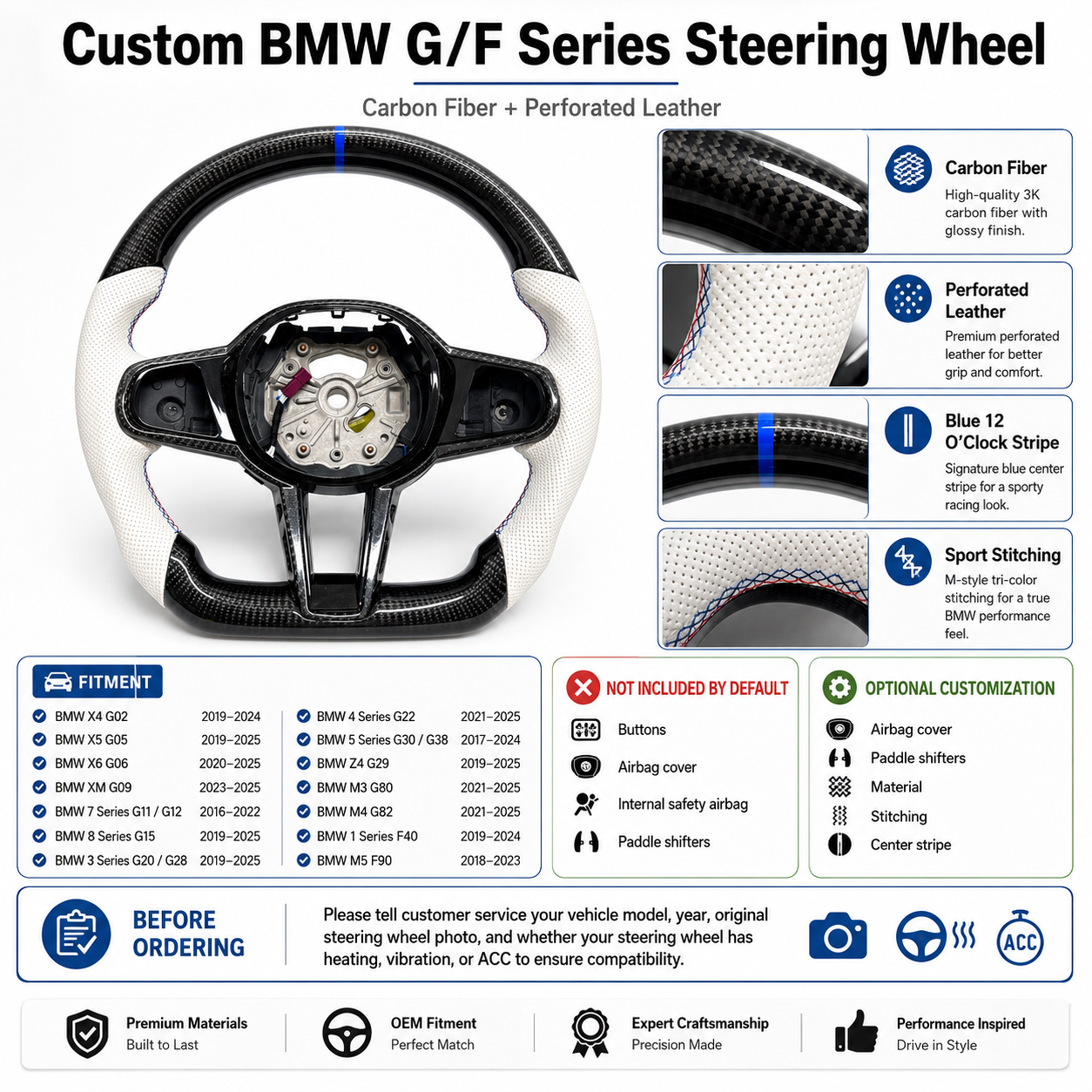BMW G20 G28 G30 G38 2017-2025 carbon fiber steering wheel detail sheet with white leather by CJ Mod Garage