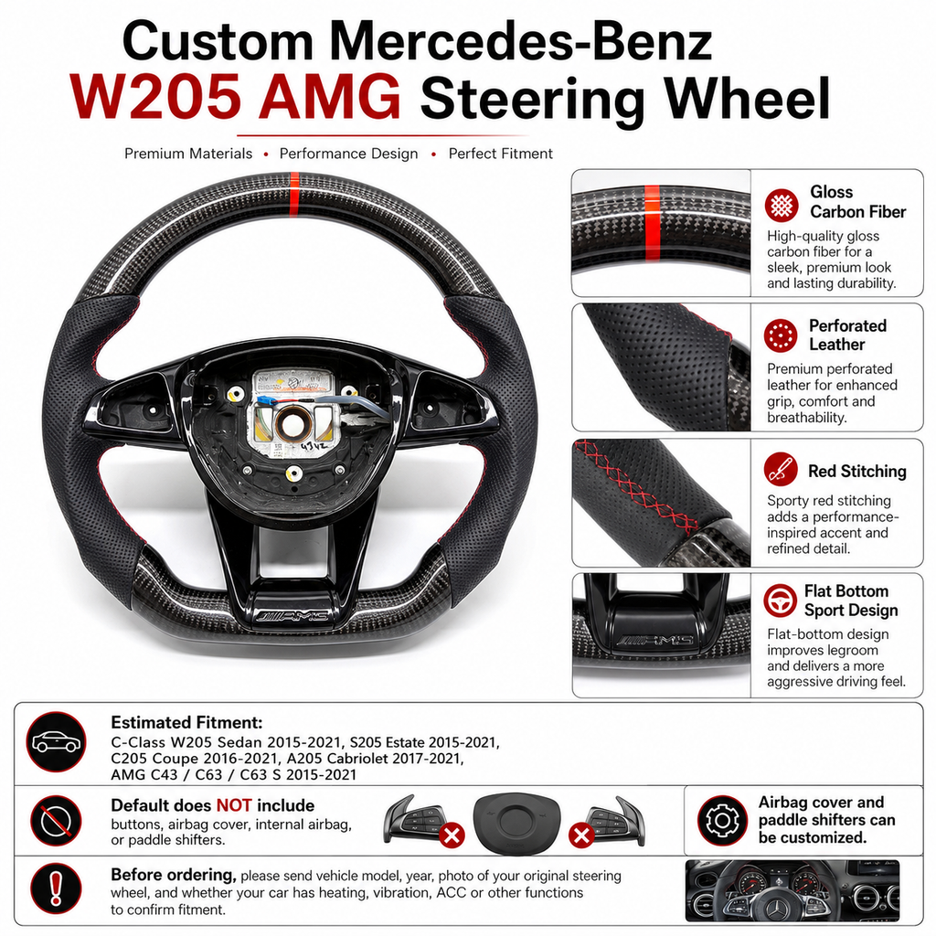 Mercedes-Benz W205 AMG steering wheel product details showing gloss carbon fiber, perforated leather, red stitching and flat-bottom design by CJ Mod Garage.