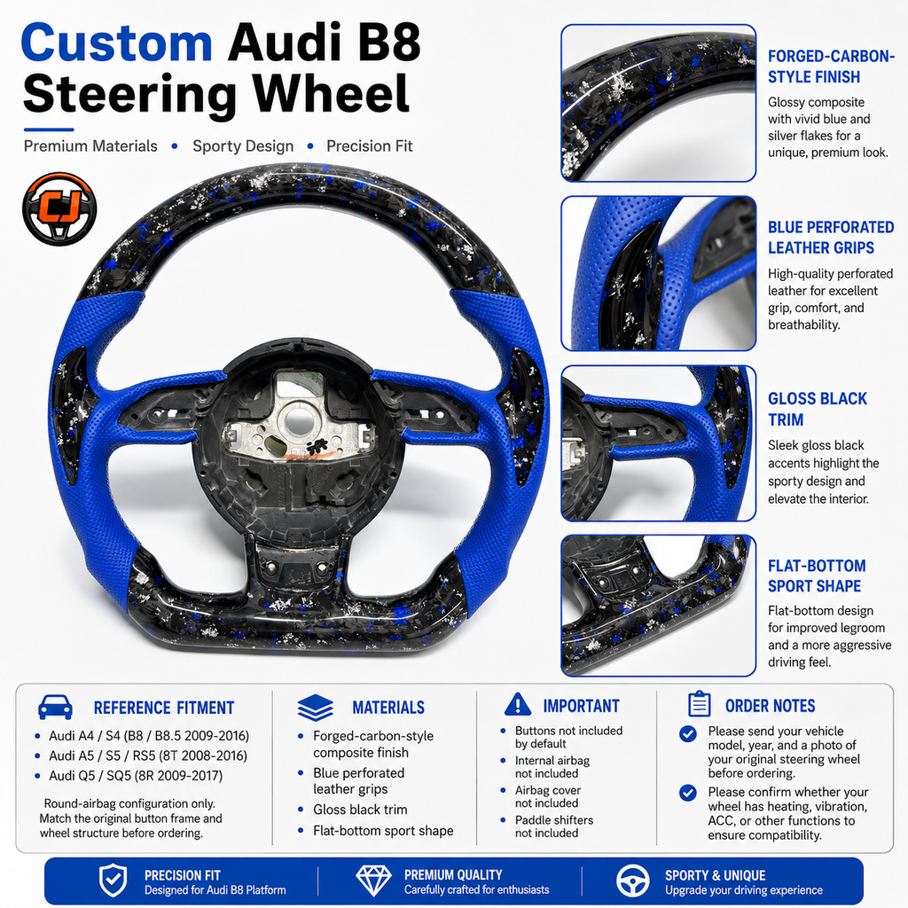 Audi B8 forged carbon blue steering wheel product spec infographic with fitment guide for A4 S4 A5 S5 RS5 Q5