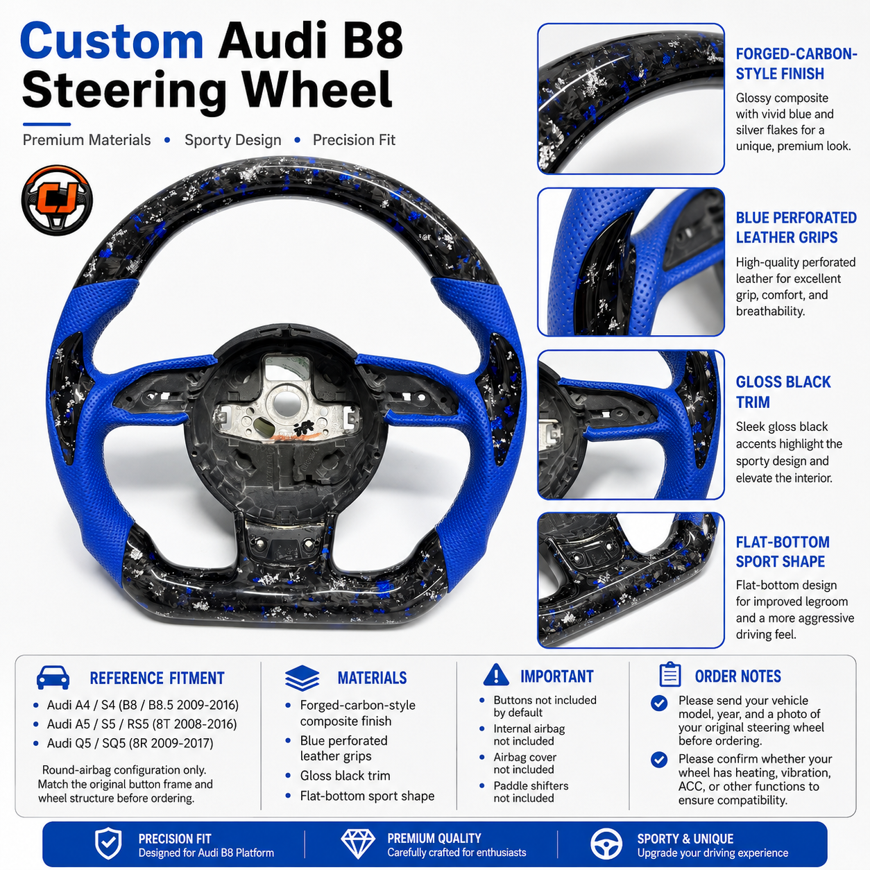 Audi B8 forged carbon blue steering wheel product spec infographic with fitment guide for A4 S4 A5 S5 RS5 Q5