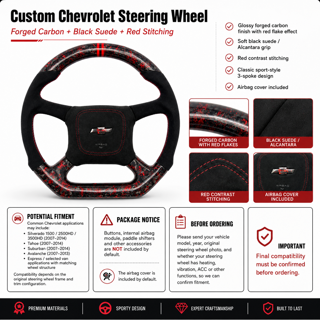 Product detail poster for custom Chevrolet steering wheel with forged carbon fiber red flakes, black suede Alcantara grip, red stitching and fitment information for Silverado Tahoe Suburban and Avalanche