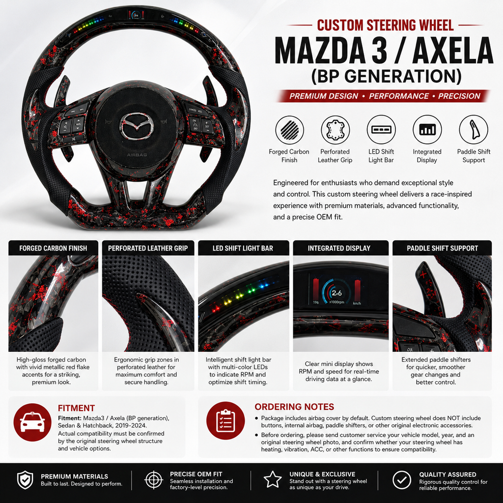 Custom Mazda 3 Axela steering wheel product detail image with forged carbon red flakes LED shift light bar perforated leather grip and paddle shifters
